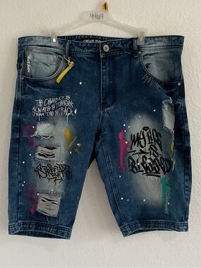 Blue Distressed Graffiti Jean Shorts for Men